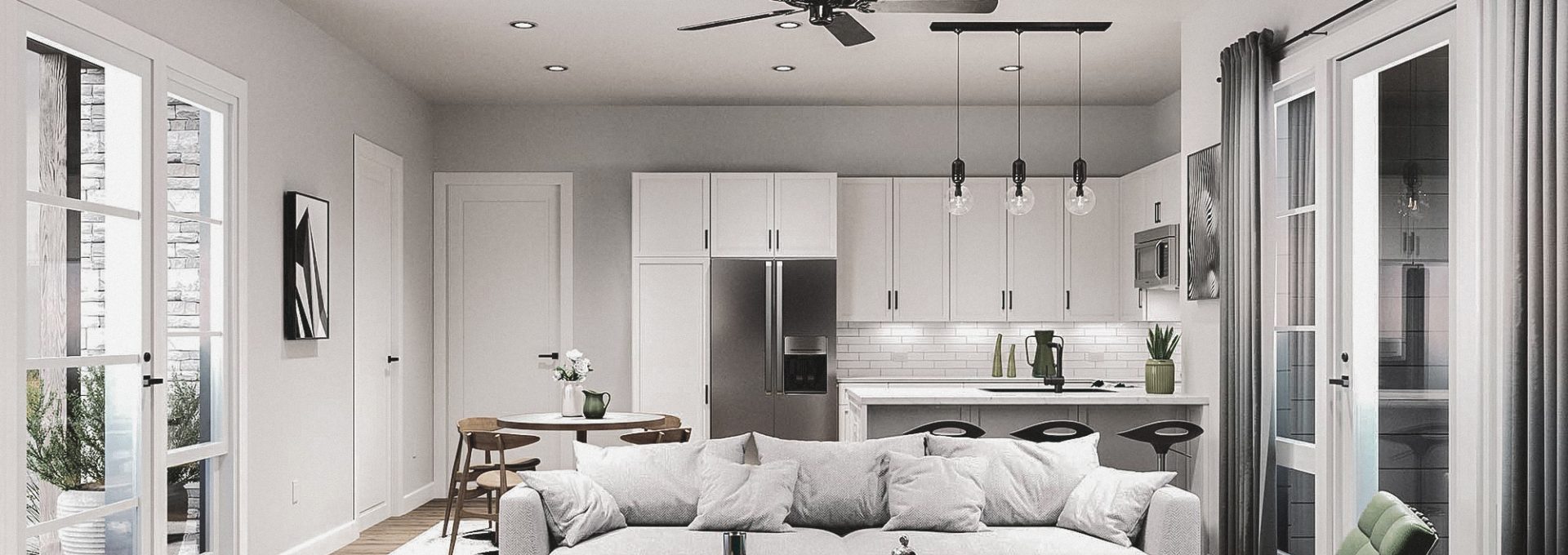 a rendering of a living room with a ceiling fan at The parcHAUS (template)